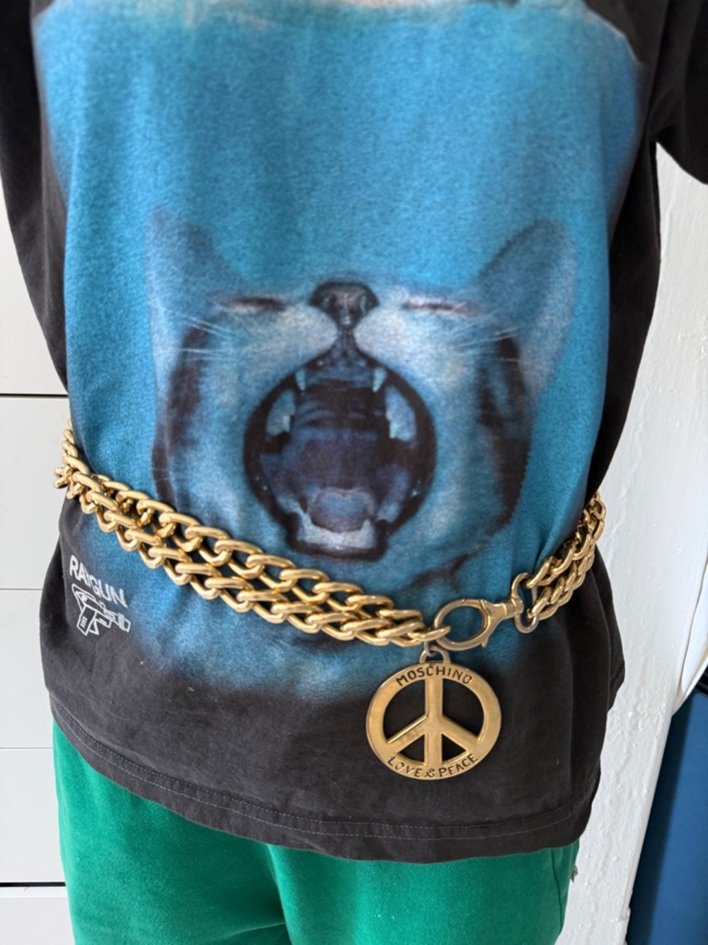 Vintage Iconic Moschino Love & Peace Gold Chain Belt or Necklace